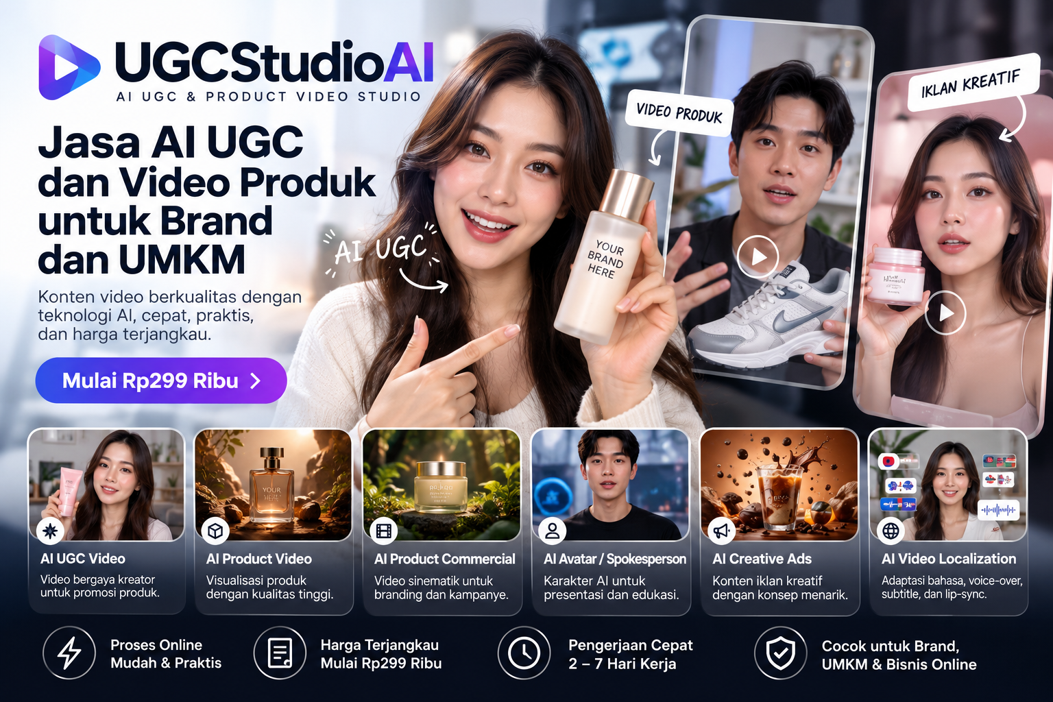 UGCStudioAI menawarkan jasa AI UGC dan video produk berbasis kecerdasan buatan untuk brand dan UMKM Indonesia